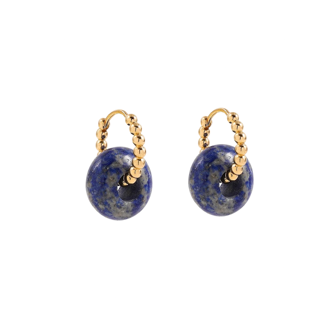 Pair of gold huggie earrings with lapis lazuli gemstones