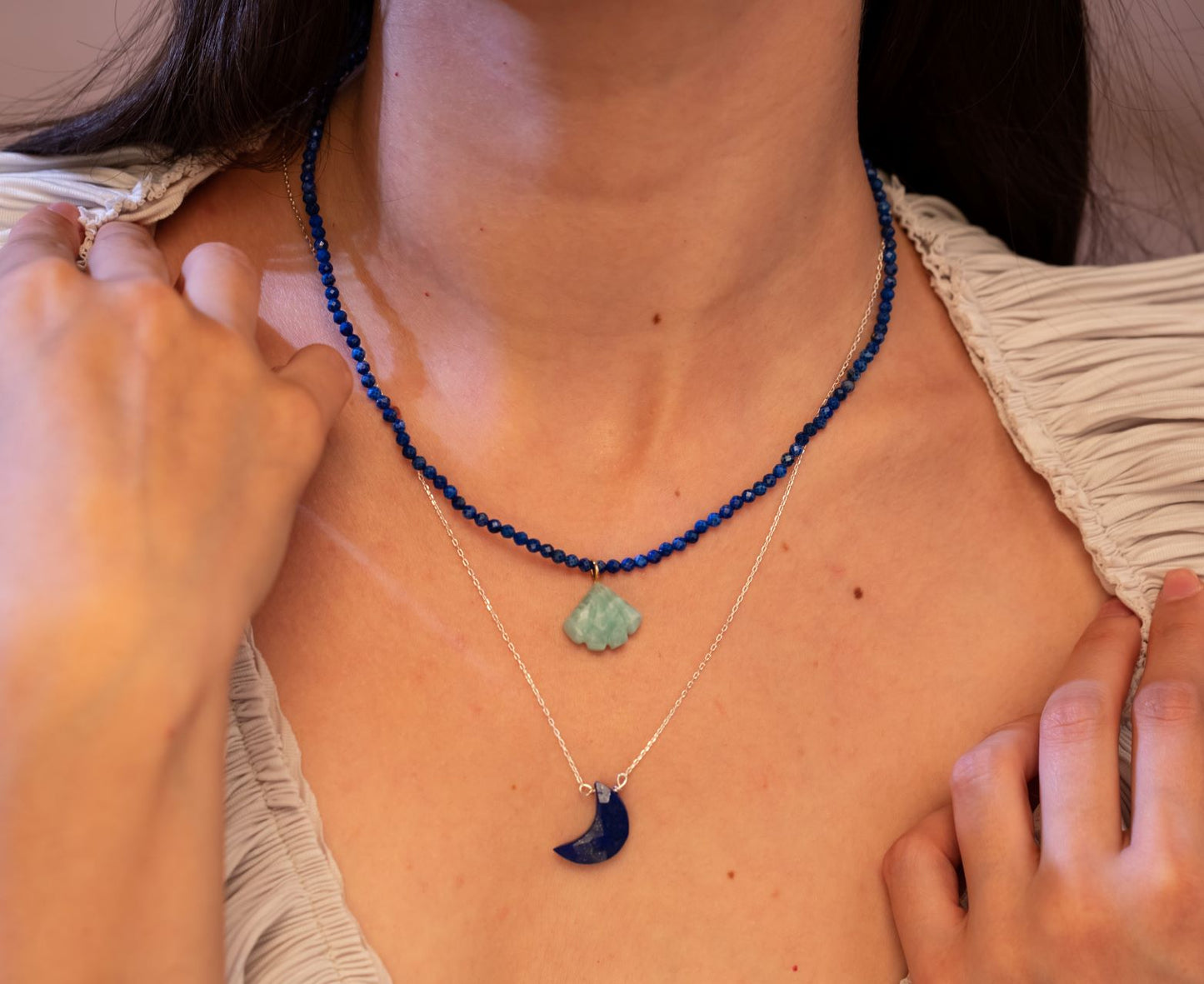 Lapis Lazuli Necklace with Amazonite Shell Charm - BALANCE AND WISDOM