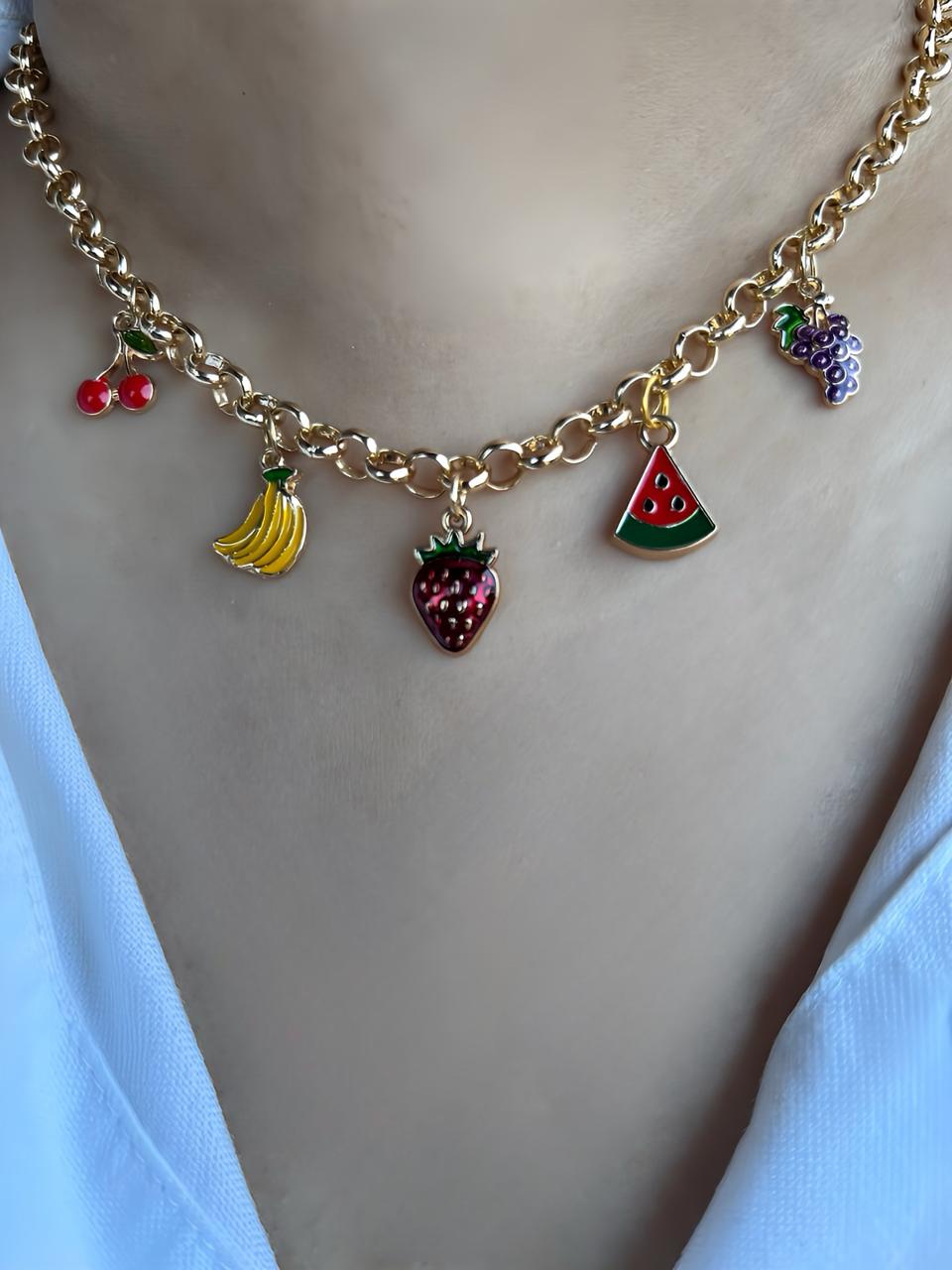 gold chain with fruit charms like cherry, grapes, banana, watermelon and strawberry