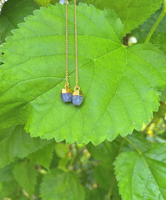 Sapphire threader earrings with long gold chains and raw blue gemstones