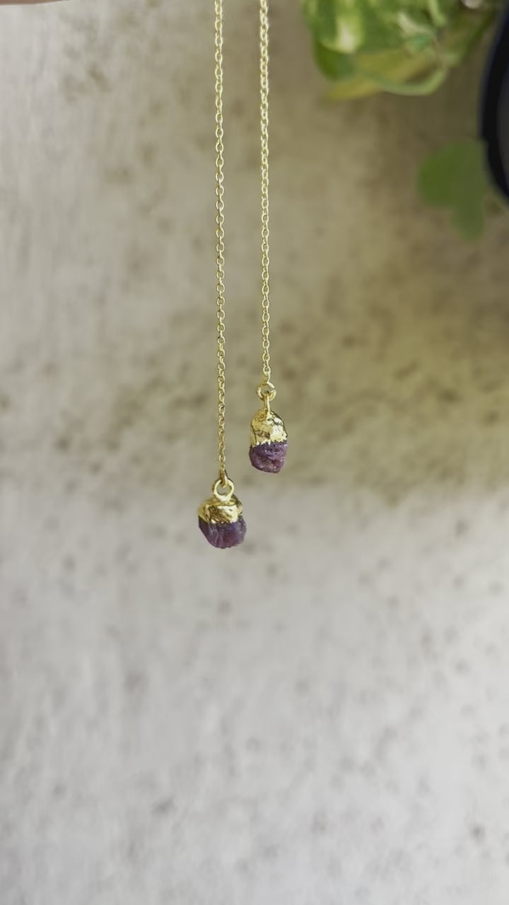 Dainty ruby threader earrings featuring small red gemstones on a thin gold chain